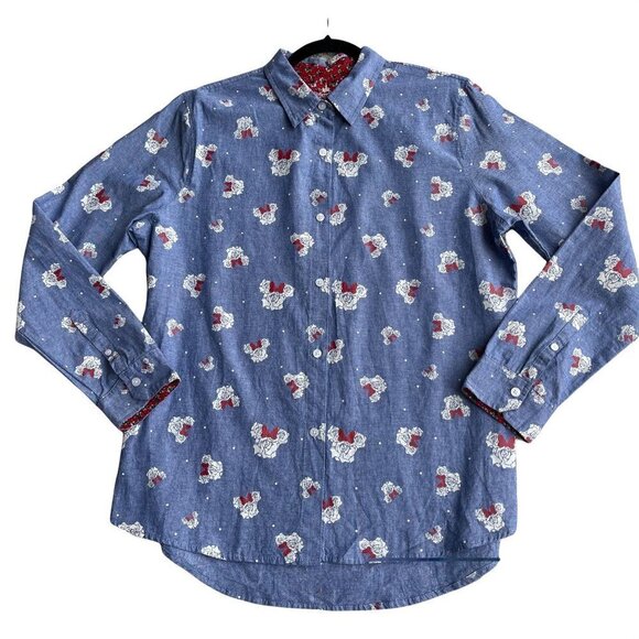 Disney Parks Rose Print Button Up Minnie Mouse Shirt Size L 100% Cotton - Picture 1 of 6
